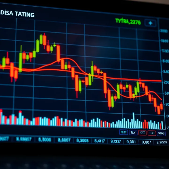 Financial chart displaying candlestick patterns and moving averages for technical analysis