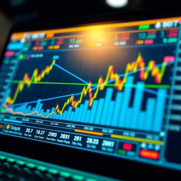 Chart showing growth trends and trading platform features on a digital interface