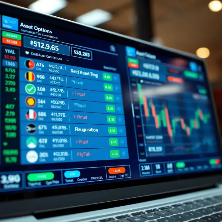 Interface of a trading platform displaying various asset options and commission details