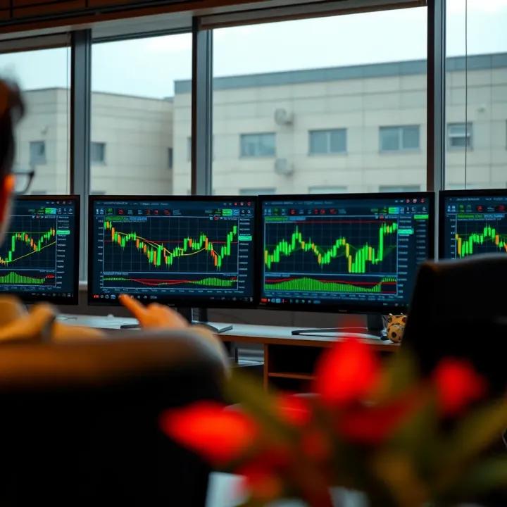 Television screen displaying binary options trading charts and financial data