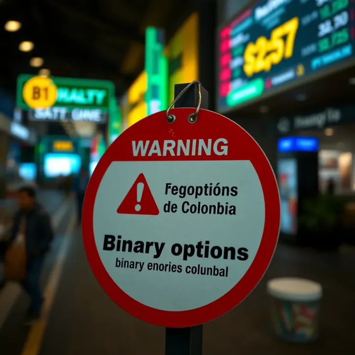 Warning sign highlighting risks of trading binary options with Colombian financial symbols