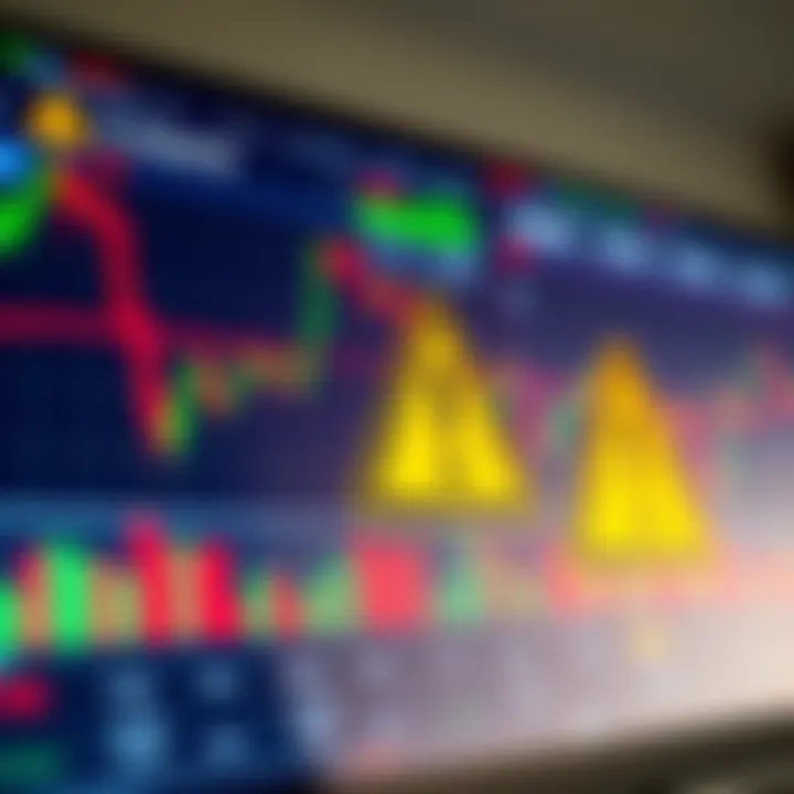 Illustration of a digital trading platform showing fluctuating binary options charts with warning signs