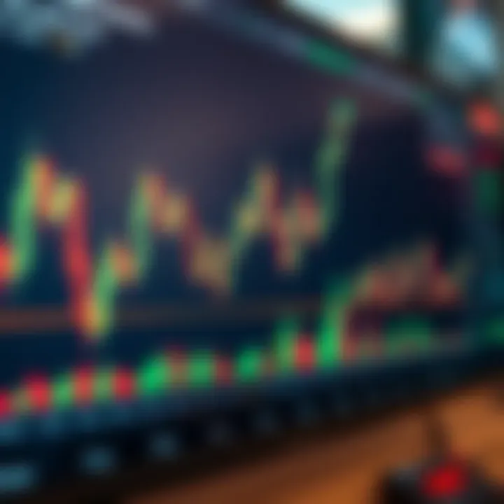 Candlestick Chart Demonstrating Market Trends Graph showing upward trend with candlestick patterns and financial indicators