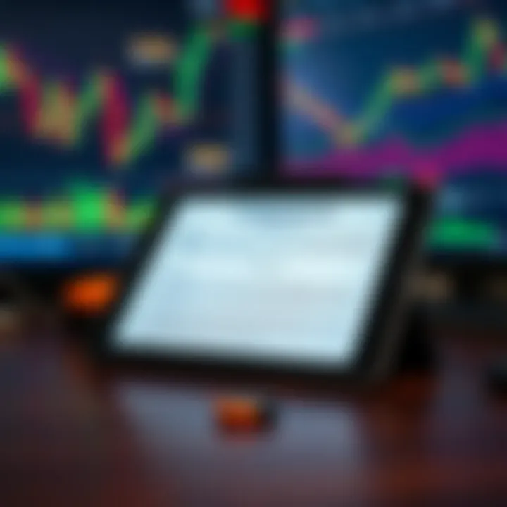 Open trading course PDF on a digital tablet with financial charts in the background
