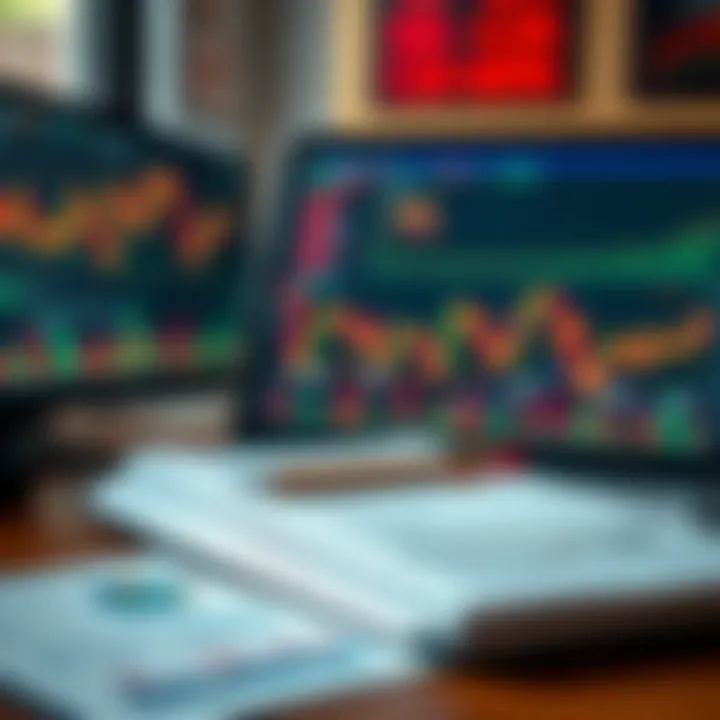 Collection of PDF documents and a laptop showing financial graphs and charts for market analysis