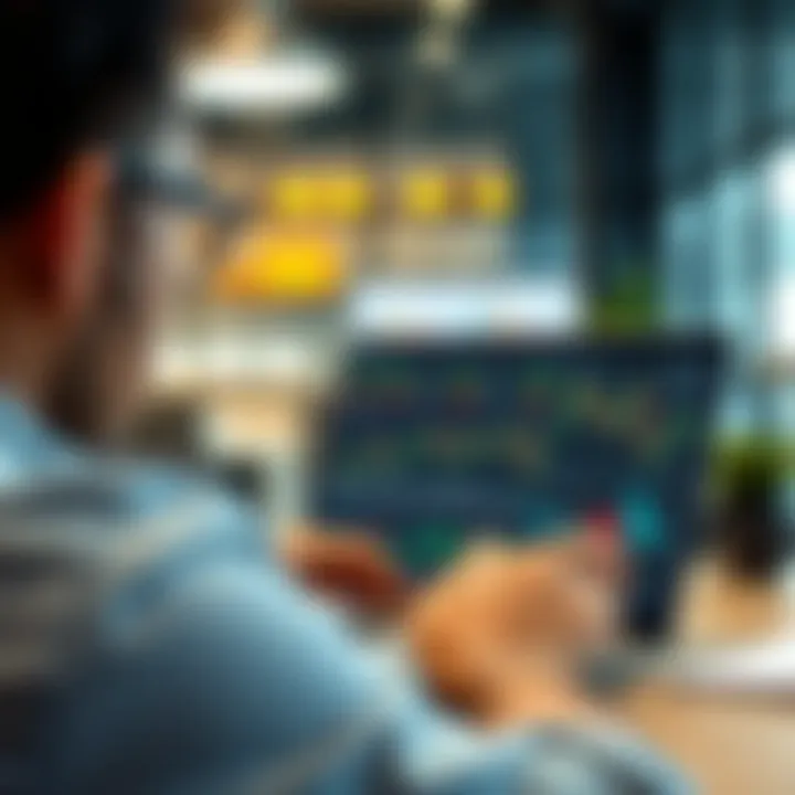 Illustration of a person studying a laptop with trading charts displayed, highlighting learning and strategy development