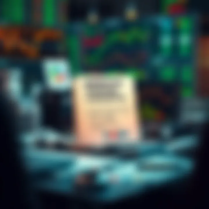 Essential Trading Concepts and Tools in a PDF Course Illustration of trading concepts with charts and learning tools surrounding a digital book