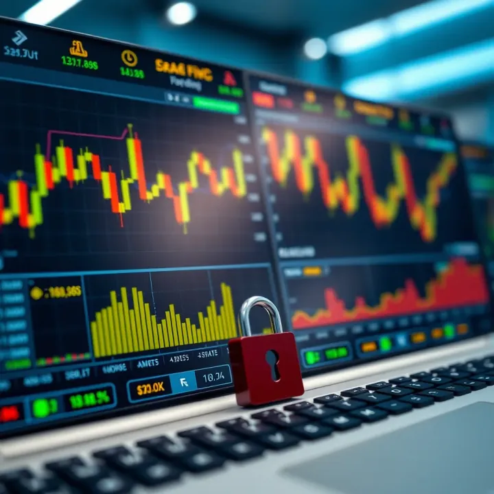 Dashboard of a trading platform showing charts, security icons, and user interface elements
