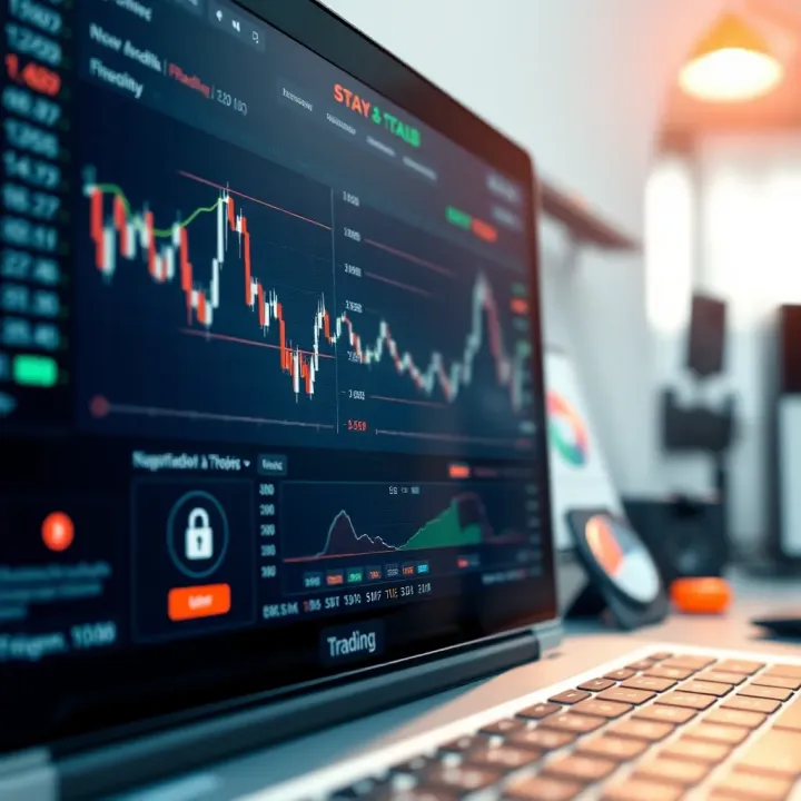 Interface showing various trading platform features including charts, tools, and security verification icons