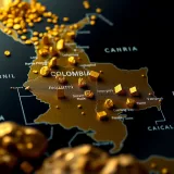 Map of Colombia highlighting key gold mining regions with icons representing gold nuggets and market values