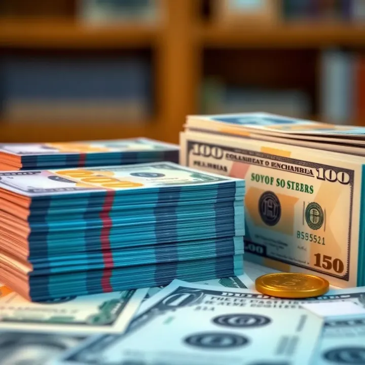 Colombian Pesos and US Dollars Currency Exchange Visualization Stacks of Colombian peso banknotes next to US dollar bills illustrating currency exchange