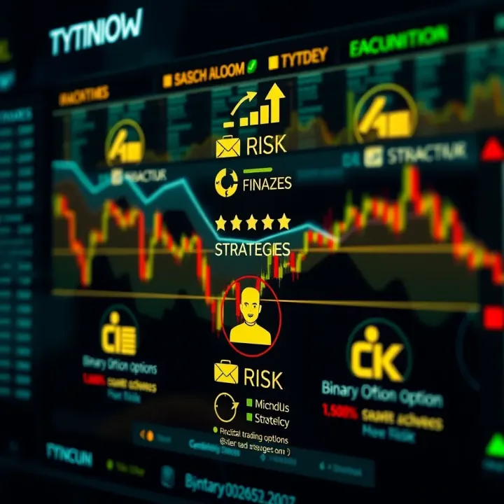 Conceptual illustration of key binary options terms with strategy icons and risk indicators