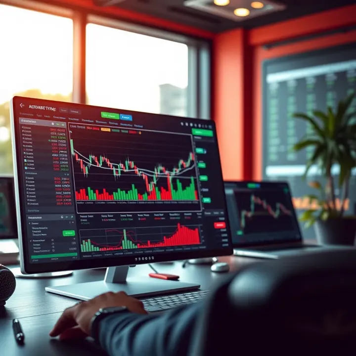 Illustration of a digital trading course interface displaying charts and educational content