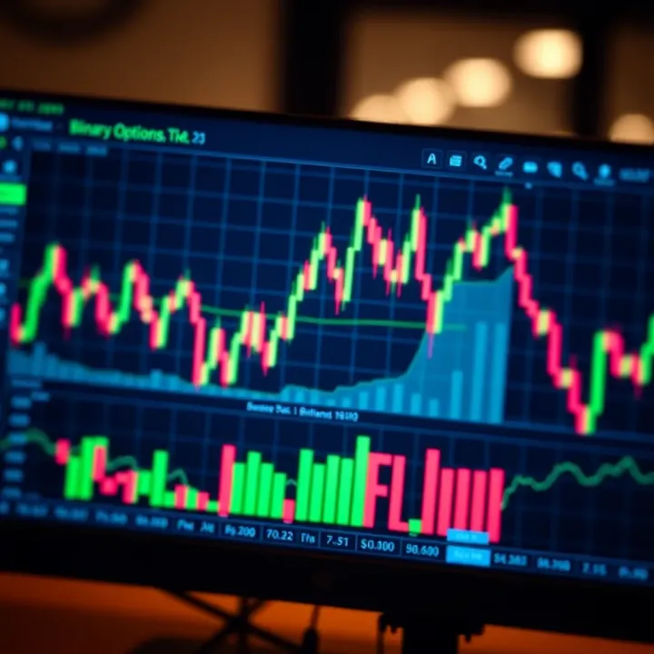 Graph showing binary options trading with demo account interface on computer screen