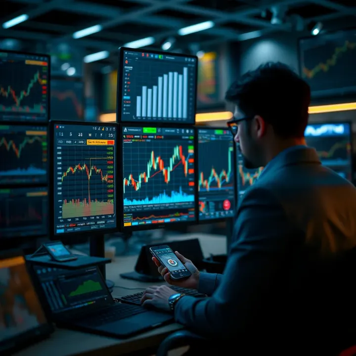 Trader analyzing forex chart with economic calendar indicators and news highlights