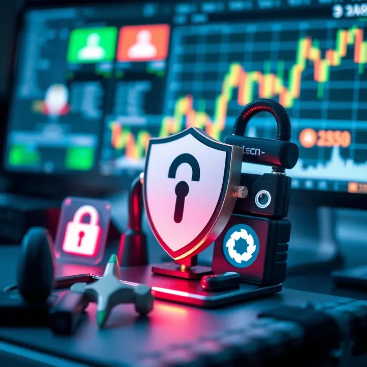 Collection of trading tools and security icons representing safe and efficient online trading environment