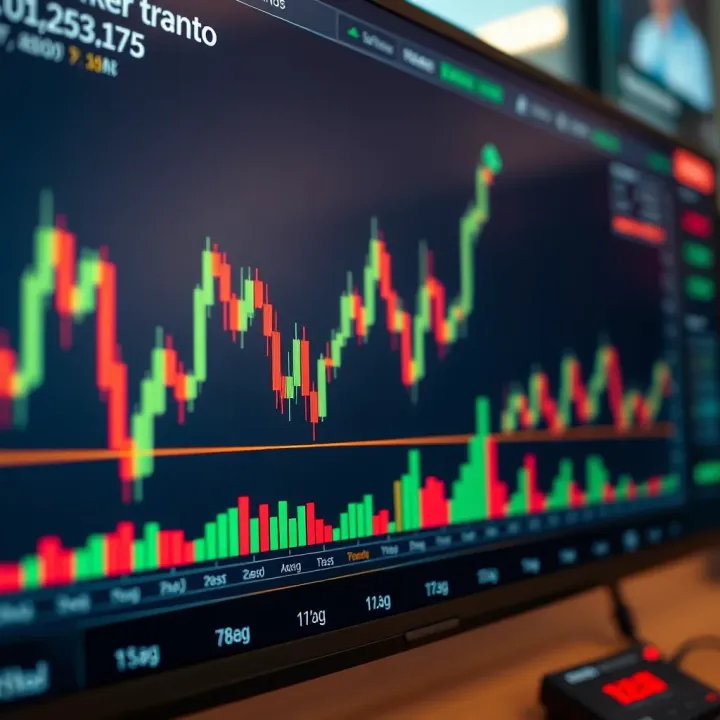 Candlestick Chart Demonstrating Market Trends Graph showing upward trend with candlestick patterns and financial indicators