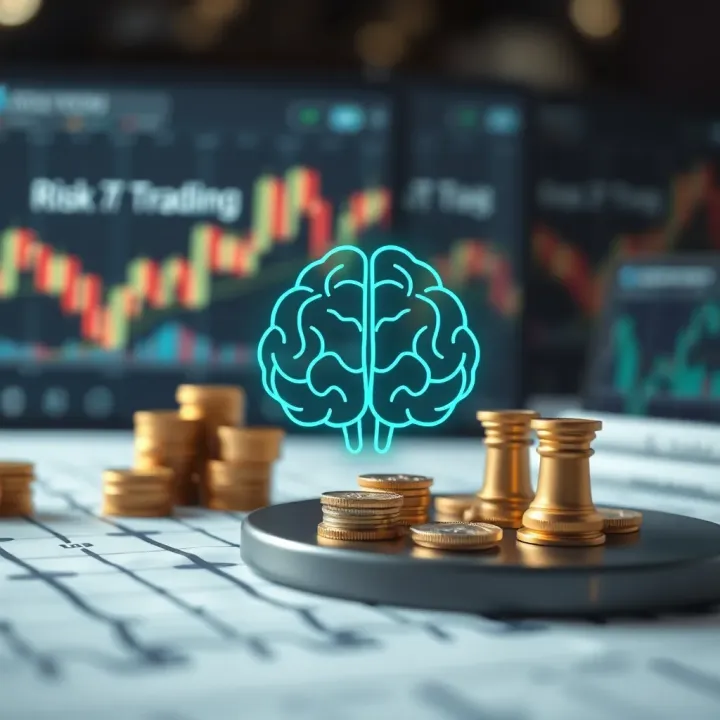 Illustration of risk management and trading psychology elements with charts and brain icon
