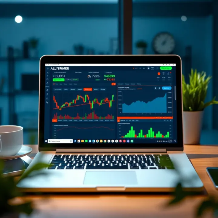 Illustration of a laptop displaying an online trading course interface with educational charts