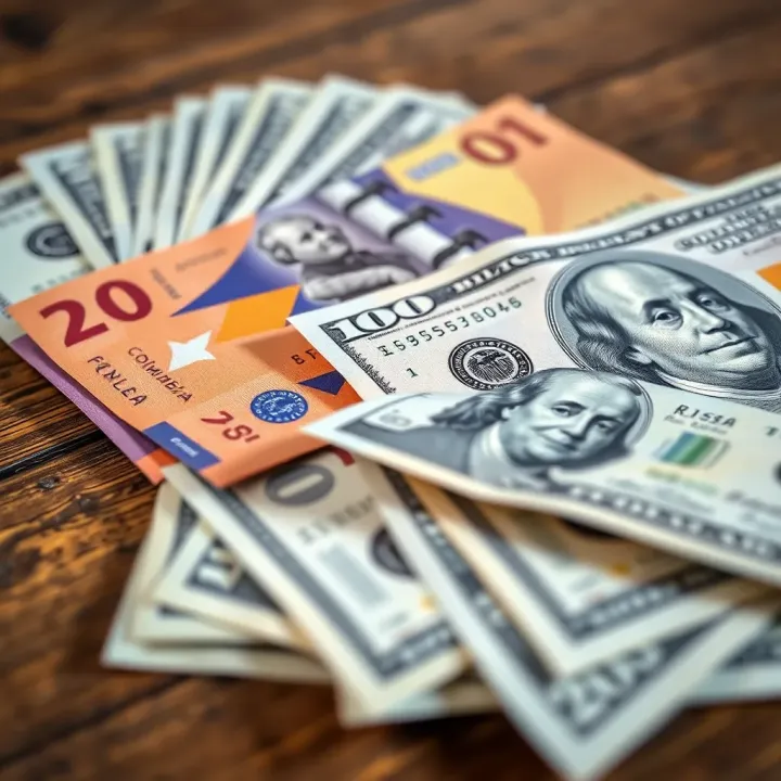 Close-up of Colombian peso banknotes with US dollar bills on a wooden surface illustrating currency exchange