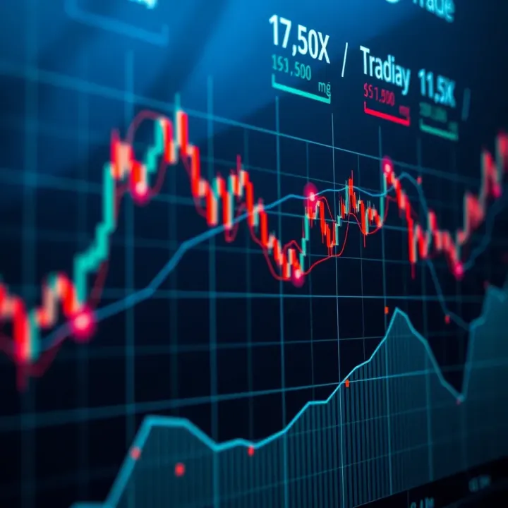 Graph showing financial market trends with overlay of connected nodes representing automated trading strategies
