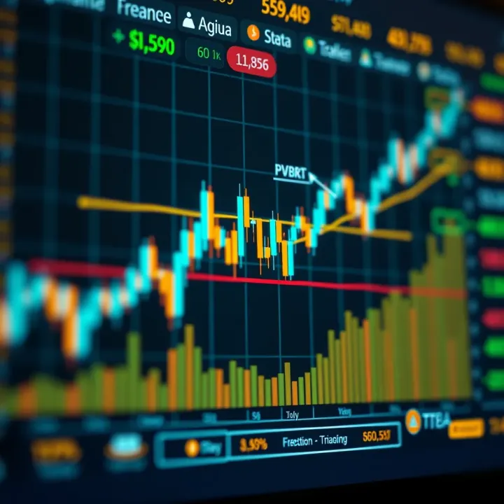 Chart showing cryptocurrency price trends with digital trading icons