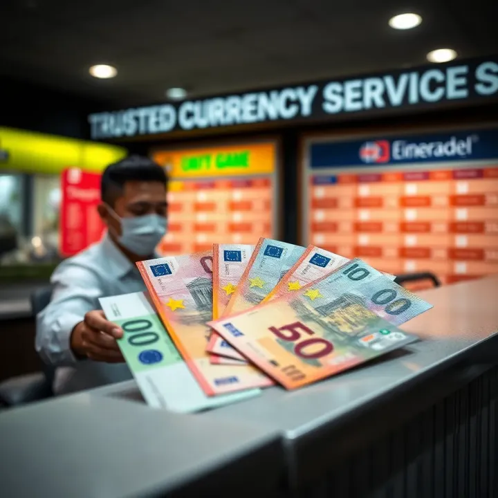 Counter with currency exchange service provider showing various banknotes of euros and Colombian pesos