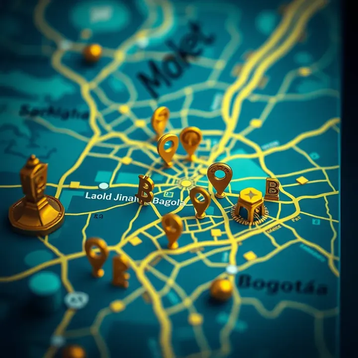 Map highlighting Bogotá with icons representing gold buying and selling locations around the city