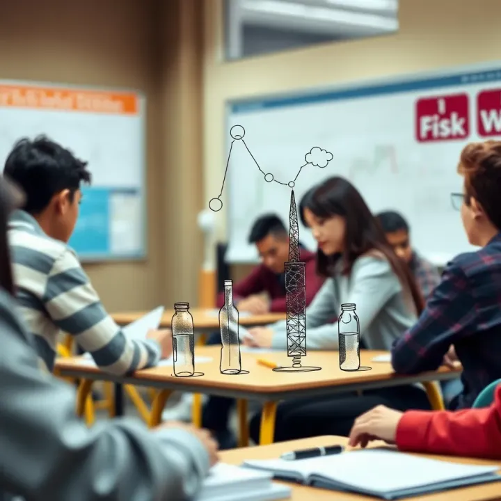 Creative sketch depicting students and teachers learning about risk prevention strategies in a classroom