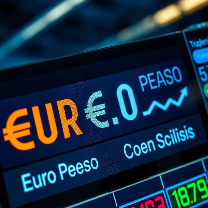 Currency exchange rate displayed on a digital board showing euros and Colombian pesos