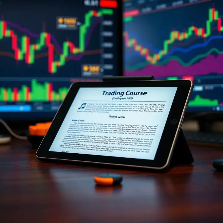 Open trading course PDF on a digital tablet with financial charts in the background