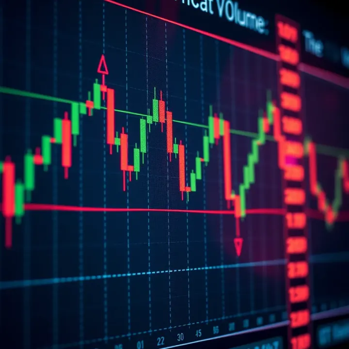 Chart displaying candlestick patterns with volume indicators in a financial market
