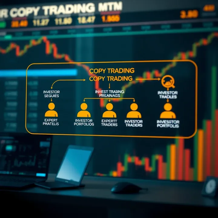Diagram illustrating the concept of copy trading with investor portfolios linked to expert traders
