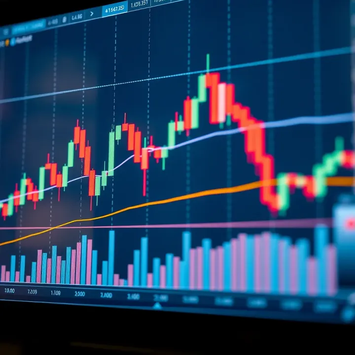 Candlestick chart showing price movement and volume bars in a financial market