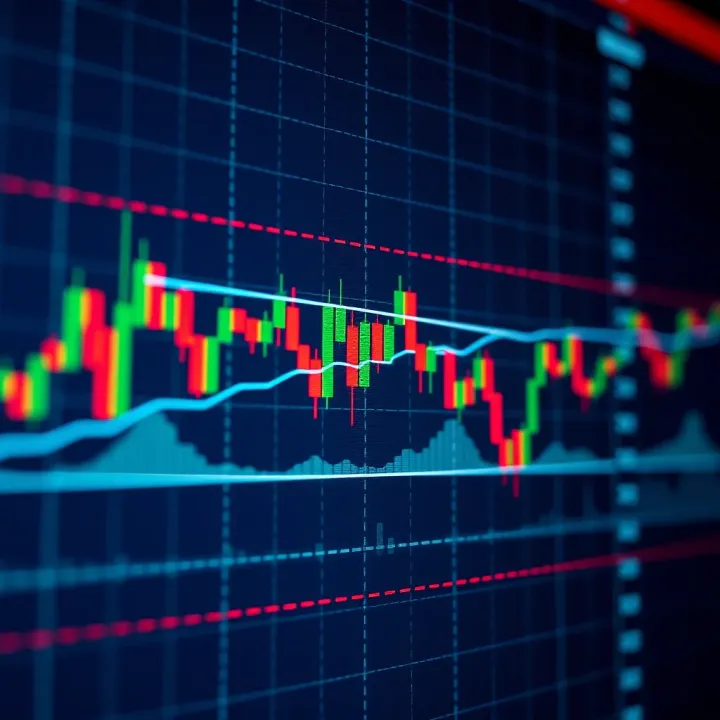 Graphical representation of stock market trends with moving averages and support resistance levels