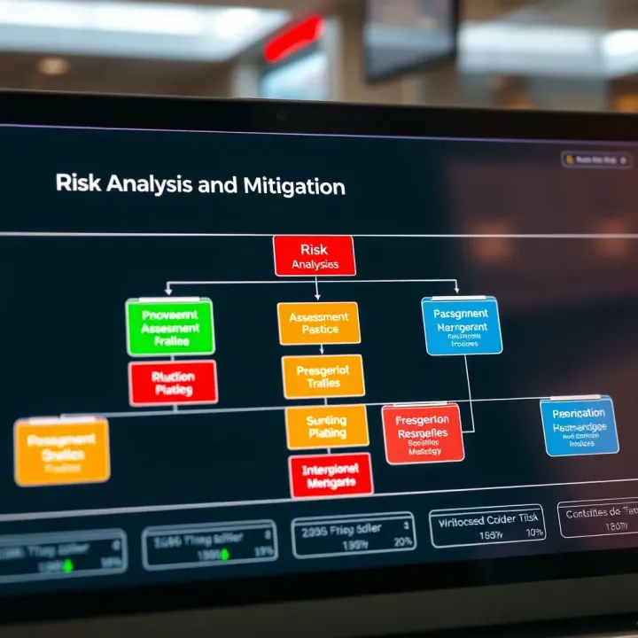 Flowchart depicting risk analysis stages with colorful blocks representing assessment and mitigation strategies