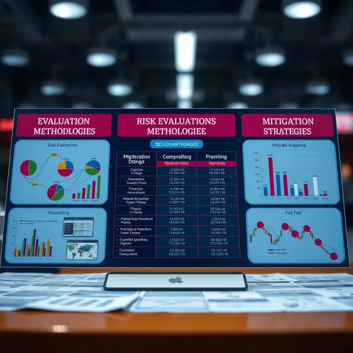 Visual representation of risk evaluation methodologies with charts and flowcharts showing risk prioritization and mitigation strategies