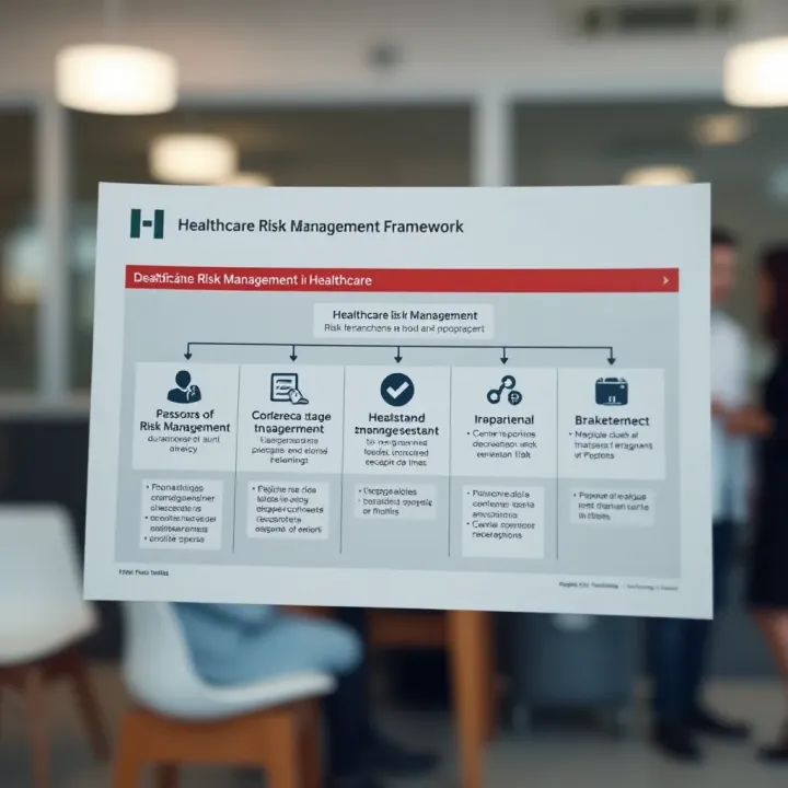Diagram illustrating key components of risk management in healthcare including identification, evaluation, and mitigation steps