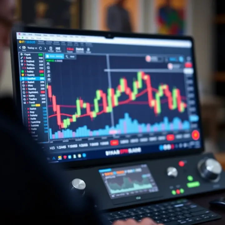 Graphical interface of a binary options trading simulator showing candlestick charts and trading controls