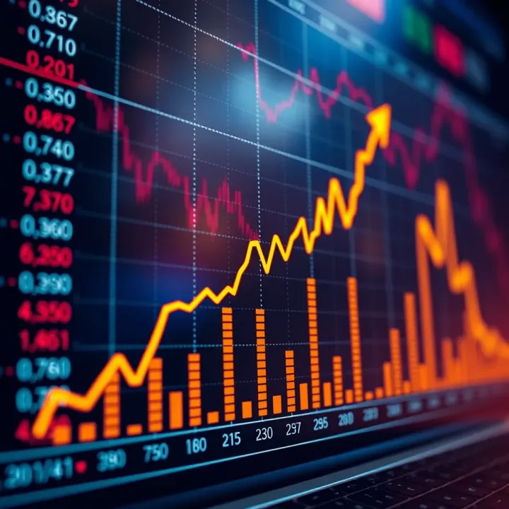 Graph showing upward trend with binary options trading symbols