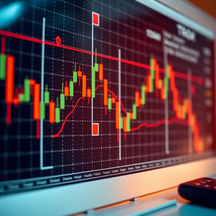 Chart showing candlestick patterns with trend lines and technical indicators on a financial market graph