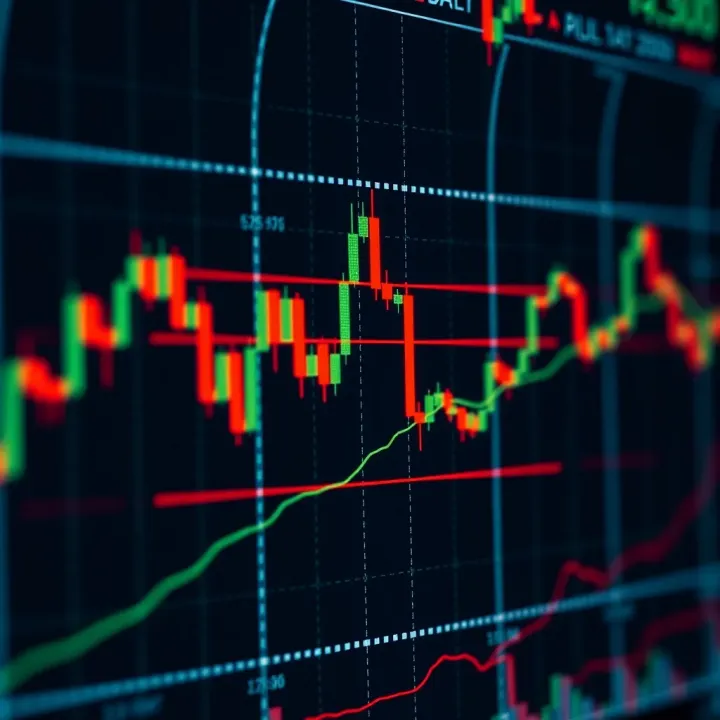 Financial chart displaying candlestick patterns and trend lines for market analysis