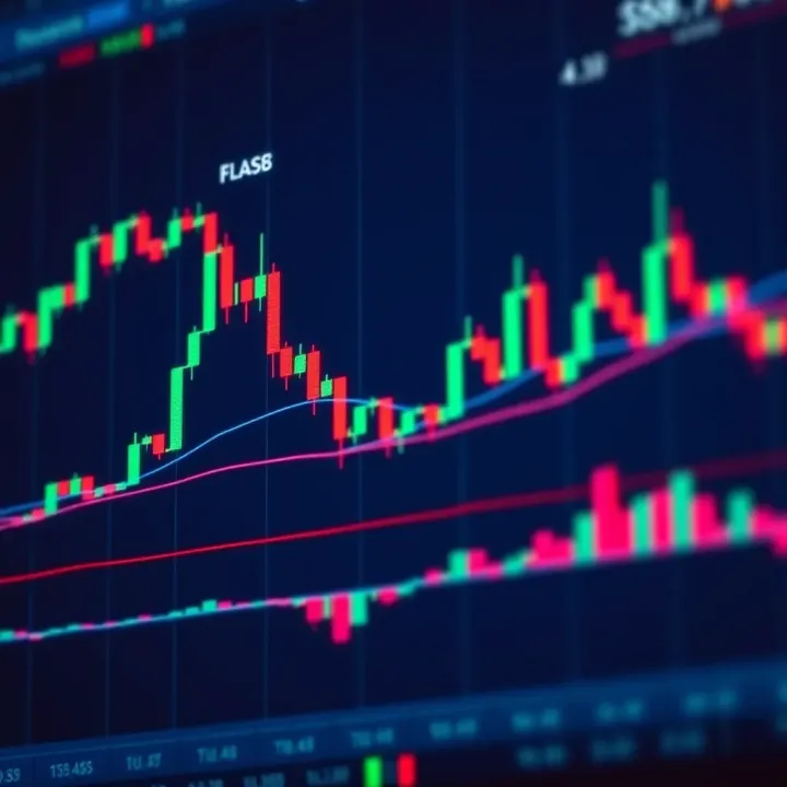 Chart displaying candlestick patterns and trend lines for technical market analysis