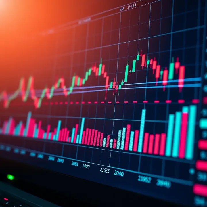 Chart displaying financial market trends with candlestick patterns and volume bars
