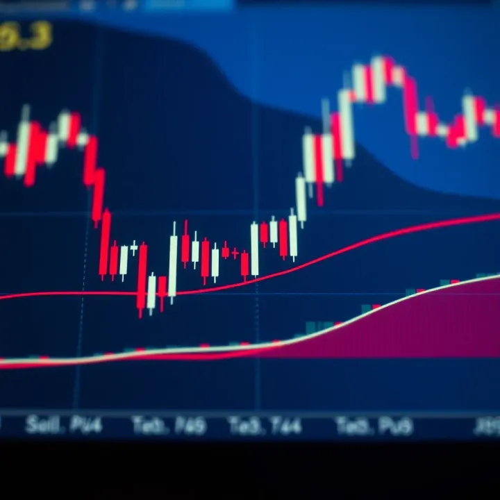 Financial chart displaying candlestick patterns and trend lines for market analysis