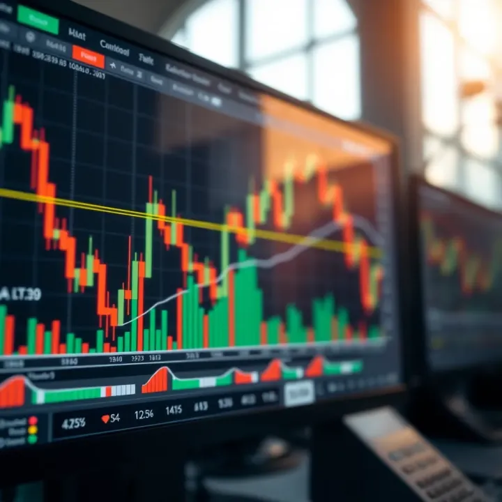 Financial chart displaying candlestick patterns and technical indicators on a digital screen