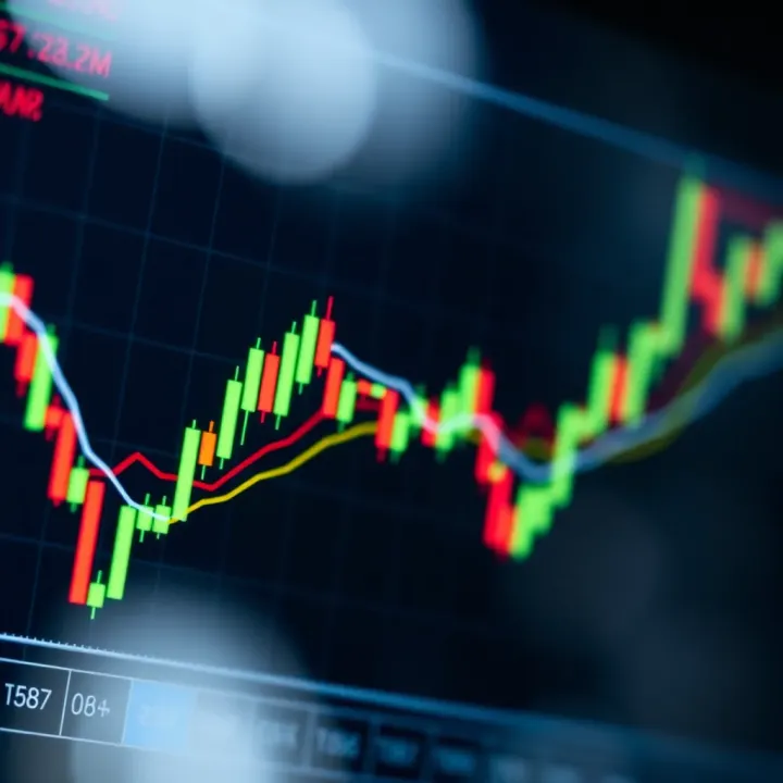 Chart showing candlestick patterns and trend lines indicating market price movements