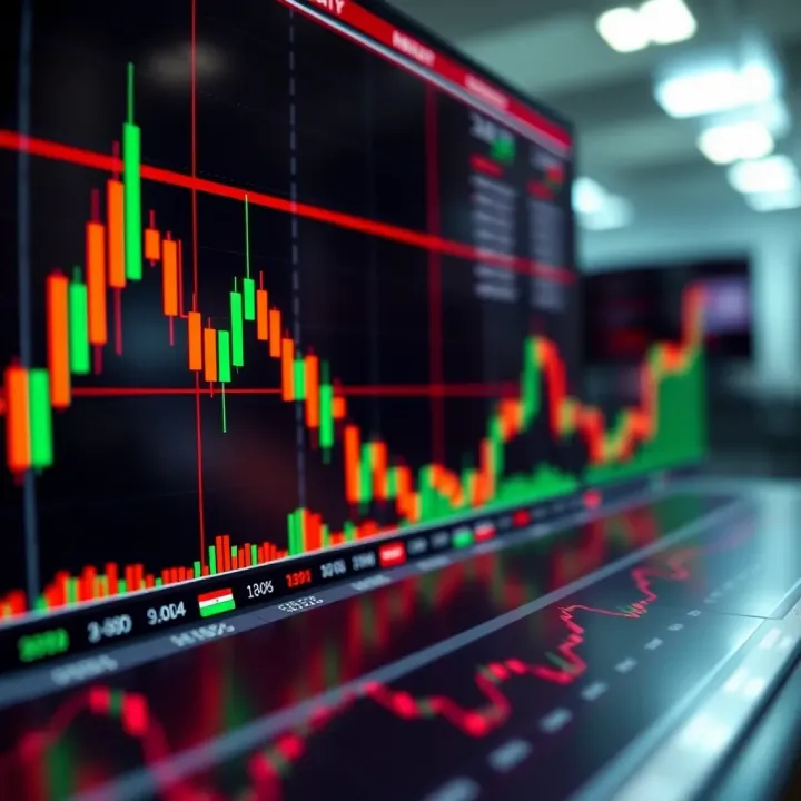 Chart showing candlestick patterns and moving averages for financial market analysis