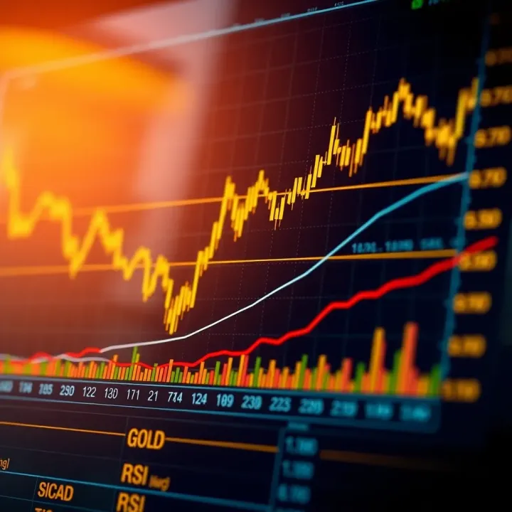 Chart displaying gold price fluctuations with technical indicators such as moving averages and RSI