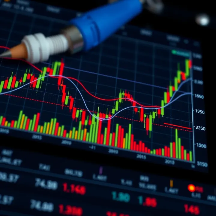 Financial Chart Illustrating Price Trends and Volume Data Graph showing financial price movements with candlestick patterns and volume indicators
